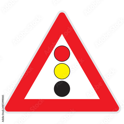 Traffic signal ahead warning road sign, triangular symbol for intersection awareness, driving caution and accident prevention