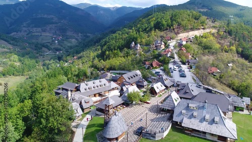 Drvengrad (Mecavnik), Serbia - 2019: Aerial view of the traditional wooden village Drvengrad, also known as Mecavnik, built by film director Emir Kusturica near Mokra Gora in western Serbia.