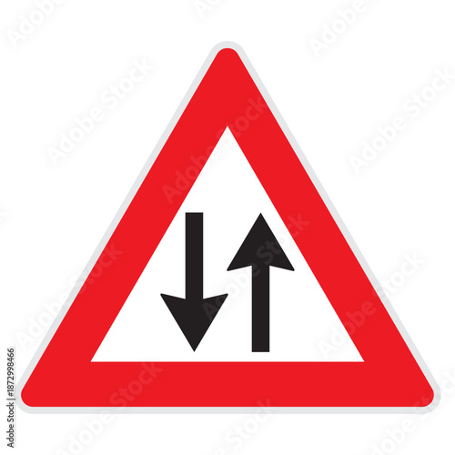 Two way traffic warning sign icon, road safety symbol indicating opposing vehicle directions and driving caution