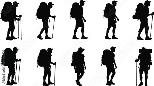 Backpacker hiking silhouettes showing trekking adventure travel lifestyle outdoor explorers with camping gear walking poses minimalist black vector illustration set