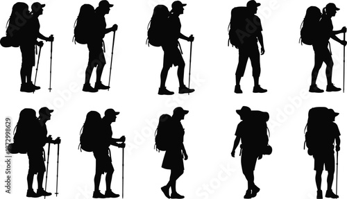 Backpacker hiking silhouettes showing trekking adventure travel lifestyle outdoor explorers with camping gear in motion minimalist black vector illustration set