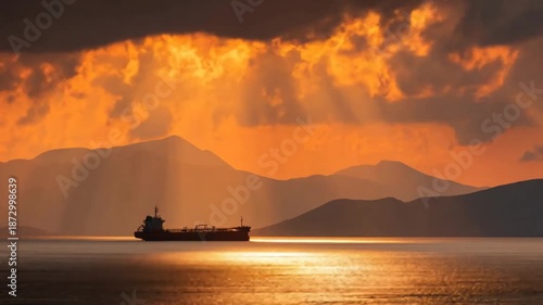 Silhouette of a cargo ship sailing across the ocean during sunset