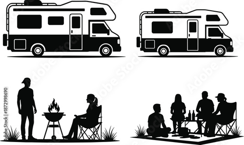 Camper van and camping silhouettes showing outdoor adventure family picnic barbecue lifestyle travel vacation in nature minimalist black vector illustration