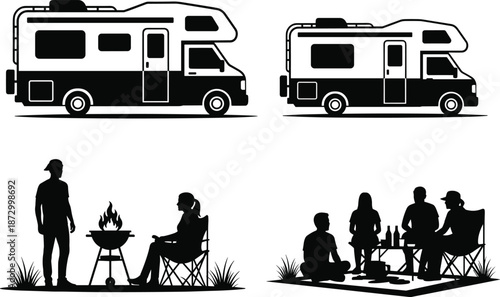 Camper van and camping silhouettes showing outdoor adventure family barbecue picnic lifestyle travel vacation with RV campers in nature scene