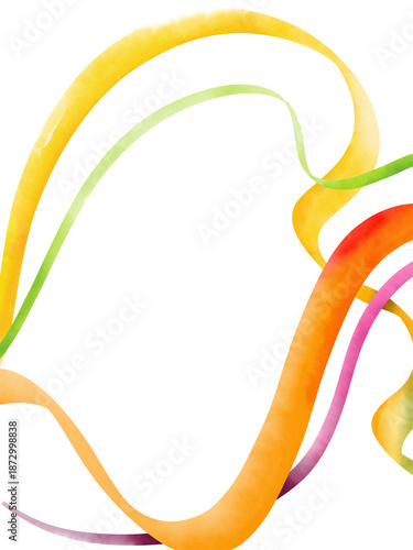 Abstract watercolor colorful ribbons background with copy space, fluid wavy shapes frame on white