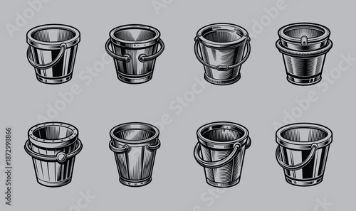 Collection of various metal buckets with different designs and handles