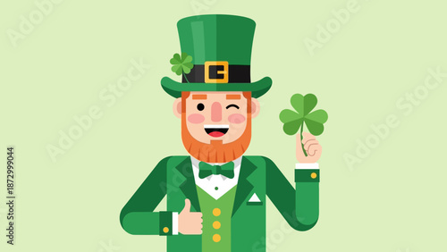 A jolly leprechaun holding a shamrock, smiling and giving a thumbs up in a festive illustration