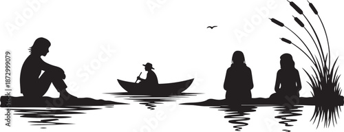 Silhouette of people sitting on boats in calm water