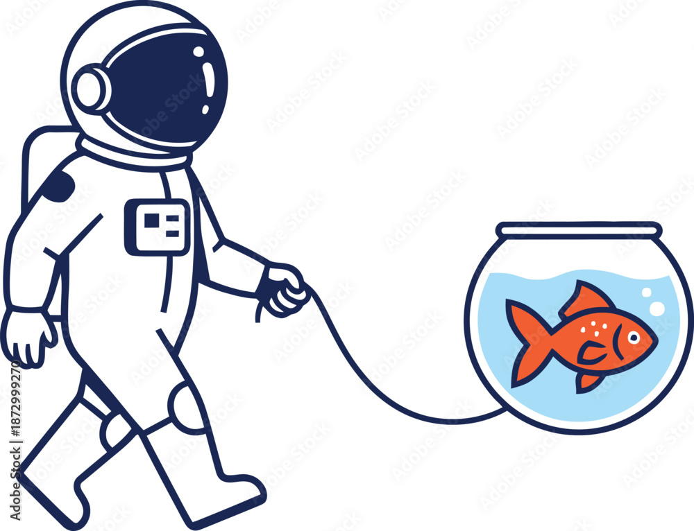 Fototapeta premium Astronaut Walking Fish Sticker - Whimsical Space Explorer with Goldfish Vector Illustration