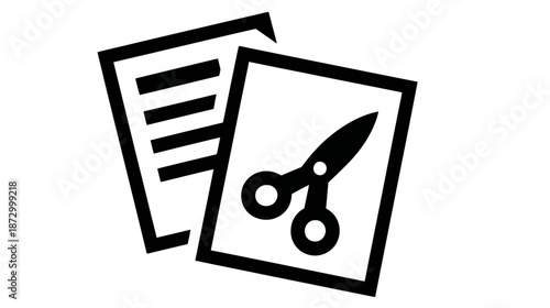 Vector icon for cut, copy, paste, and edit functions. Graphic symbol of paper with scissors for document management and content manipulation.