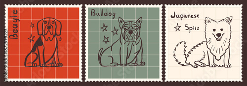 Vintage hand-drawn dog postage stamps. Cute character beagle, bulldog and japanese spitz on grid background. Pet design