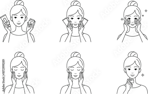 Step-by-step illustration of a woman applying skincare products for a radiant complexion.