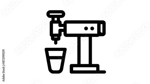 Simple black outline icon of a coffee machine or espresso maker dispensing a hot beverage into a cup, vector graphic