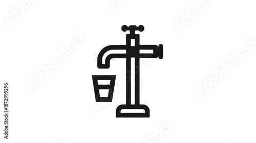 Water tap dripping into a bucket icon. Concept of water scarcity, conservation, drought, and sustainable resource use.