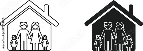 Simple line art and silhouette icons of a family of four inside a house outline.