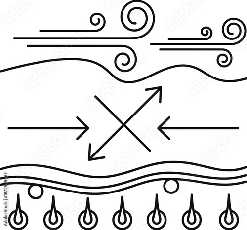 Abstract illustration of wind, waves, and rain with arrows indicating movement and direction.