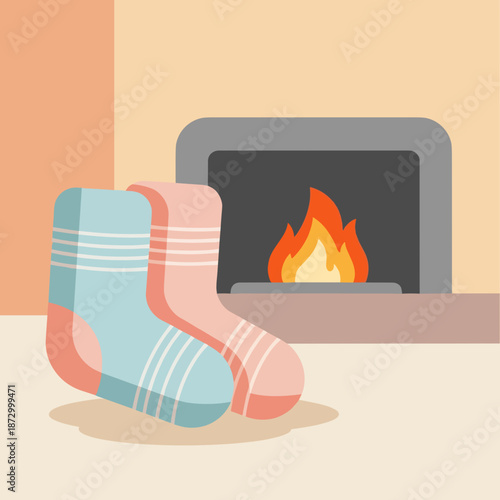 Cozy socks near fire in warm living room with pastel colors  