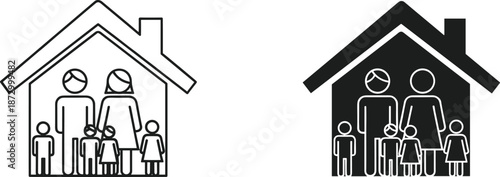 Icons depicting a family of five within a house outline, in line art and silhouette.