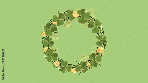 A circular wreath of green leaves and yellow flowers on a light green background viewed from directly above.