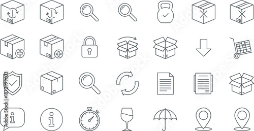 Set of isometric outline icons for logistics, delivery, and shipping services.