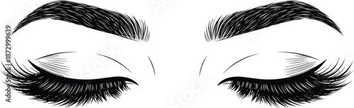 Close-up of closed, perfectly shaped, black eyelashes and eyebrows.
