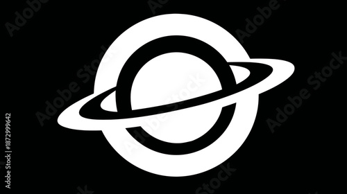 Stylized white planet with rings icon on black background. Modern minimalist space graphic design element for science and technology.