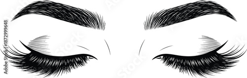 Close-up of closed, perfectly shaped, black eyelashes and eyebrows.