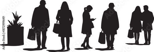 Silhouettes of people standing in line with briefcases and bags