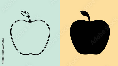 Stylized apple vector icons set with an outline and a solid silhouette, representing health, fresh fruit, and nature.