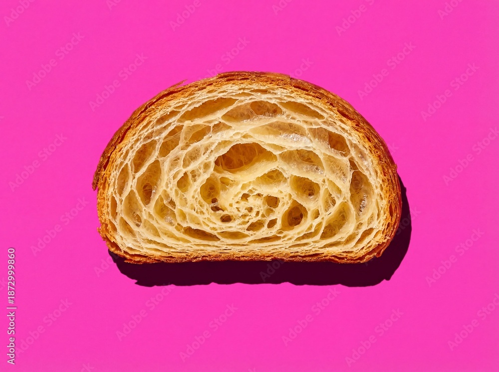 Obraz premium Cross-section of a golden croissant revealing perfect airy honeycomb crumb structure on a vibrant pink background with hard pop-art shadows.