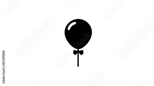 Black balloon vector icon with ribbon detail on white background. Celebration, party, birthday, event graphic design element.