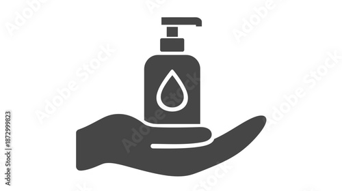Hand holding a pump bottle icon, symbolizing hygiene, hand washing, personal care, and sanitation. Black and white vector illustration.