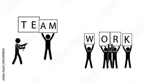 Team Work Collaboration: An illustrative depiction showcases the essence of teamwork and collaborative effort through minimalistic figures, holding placards that form the words TEAM and WORK.