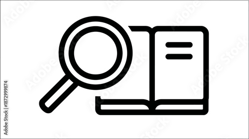 Magnifying glass over an open book icon for searching, learning, education, knowledge, research, and study concept.