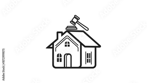 House Auction Concept: Depicting the essence of a property sale, a gavel rests atop a stylized house, symbolizing the act of bidding and the transfer of ownership.