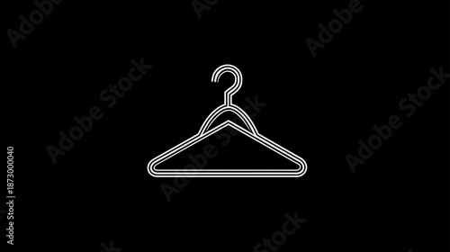 Outline illustration of a clothes hanger icon on black background, representing fashion, wardrobe, and garment care concept