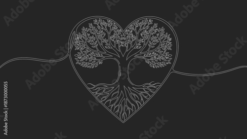 A detailed, intricate line art illustration of a tree of life within a heart shape, symbolizing love and growth.