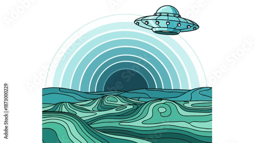 Retro Sci-Fi UFO Flying Over Stylized Waves and Abstract Rainbow - Vector Illustration