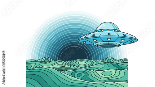 Futuristic UFO spaceship hovering over abstract alien landscape with concentric circles background