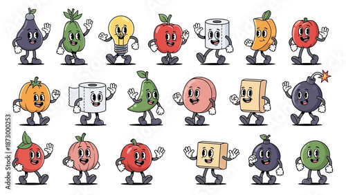 Vintage Cartoon Characters of Fruits, Vegetables, and Objects