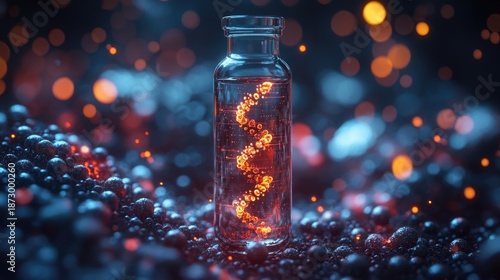 A vial with dna helix, representing personalized medicine and precise gene treatment.