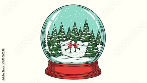 Charming Snow Globe with Two Figures Ice Skating Amidst Snowy Pine Trees