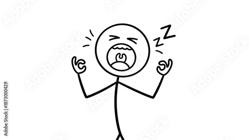 Exhausted stick figure yawning widely, stretching arms with ZzZ thought bubble, on isolated white background