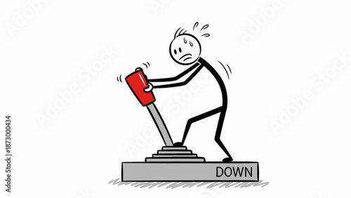 Struggling stick figure pulling a large red lever down with great effort, showing determination and sweat, on an isolated white background.