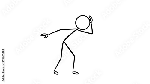 Curious stick figure listening intently with hand behind ear, trying to hear, on isolated white background