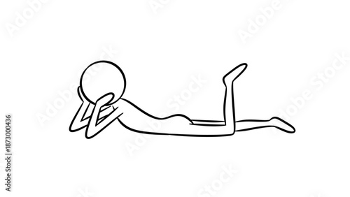 Relaxed stick figure lying on stomach with arms crossed, comfortably resting on an isolated white background.