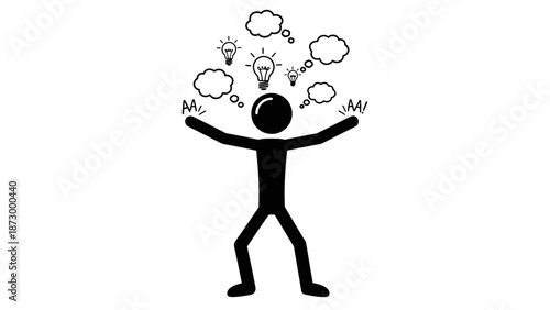 Enthusiastic stick figure having many bright ideas and lightbulbs popping up in thought bubbles, on an isolated white background.