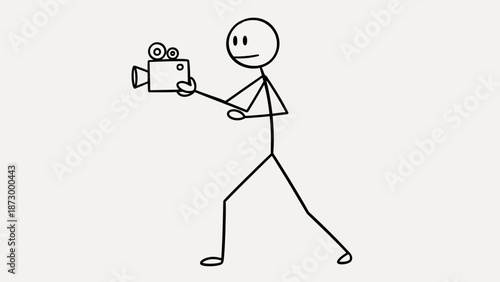 Stick Figure Operating Video Camera, Filming or Recording Content on Light Grey Background