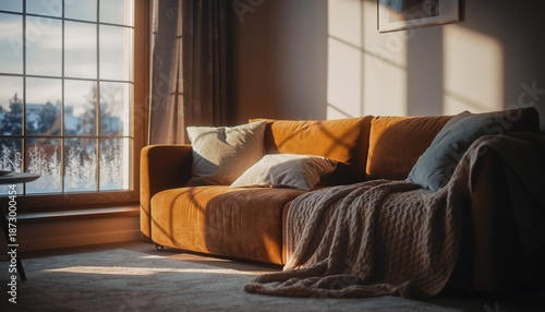 Cozy Living Room with Orange Sofa and Winter View Through Window.