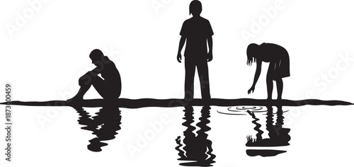 Silhouettes of three people standing by reflective water surface